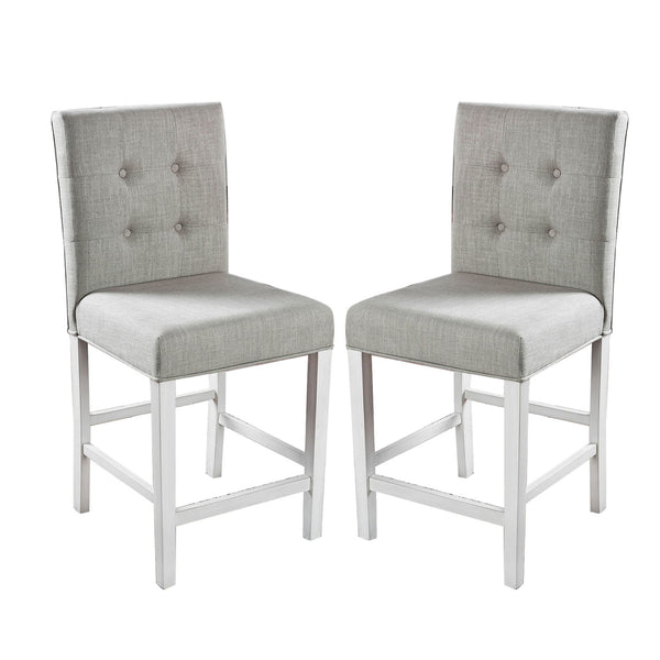 English Elm Set of 2 Rustic Fabric Counter Height Chairs Antique White Legs Light Gray Tufted Cushions Comfortable B016P156453