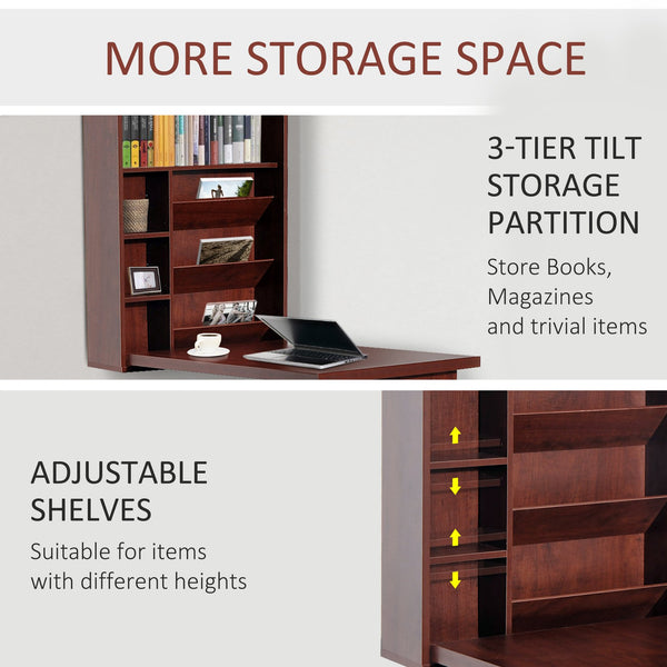 English Elm HOMCOM Fold-Up Wall Desk with Shelves - Space-Saving Floating Computer Table, Adjustable Storage, Mahogany Finish W2225P156393