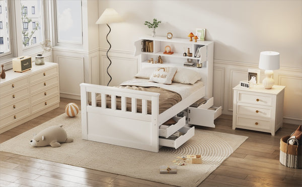 English Elm Twin Captain Platform Bed Frame with Built-In Bookcase, Four Drawers & Slat Support for Storage White GX001828AAK