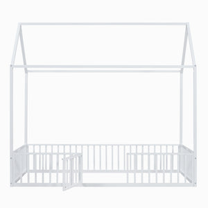 English Elm Twin Metal House Bed with Roof, Fence & Door — Enclosed Playful Twin Frame for Imaginative Kids Sleeps White MF315932AAK