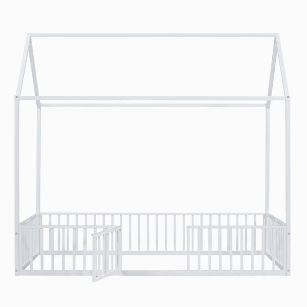 English Elm Twin Metal House Bed with Roof, Fence & Door — Enclosed Playful Twin Frame for Imaginative Kids Sleeps White MF315932AAK