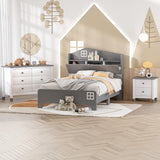 Twin Size House Bed Set with Storage Headboard, Wooden Nightstand, and Dresser - 3-Piece Gray Bedroom Set