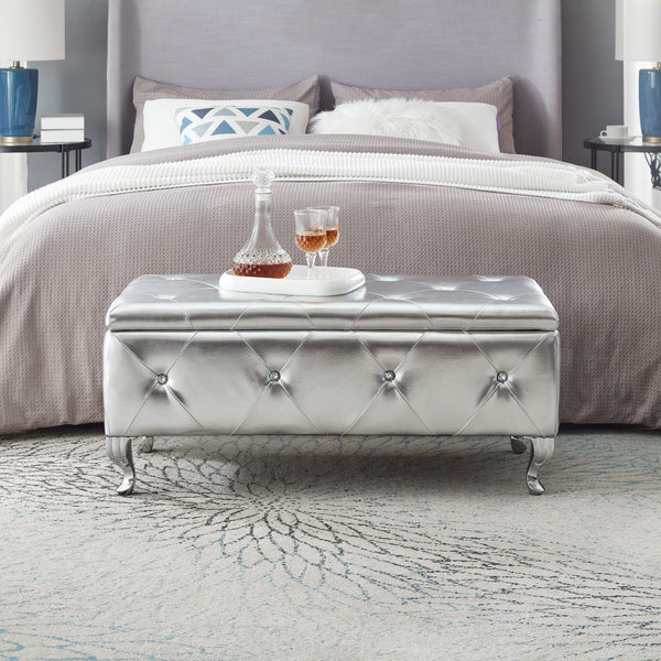 English Elm Upholstered Glam Storage Bench Faux Leather Crystal Tufted Lift Top Bedroom Seat W2268P146696