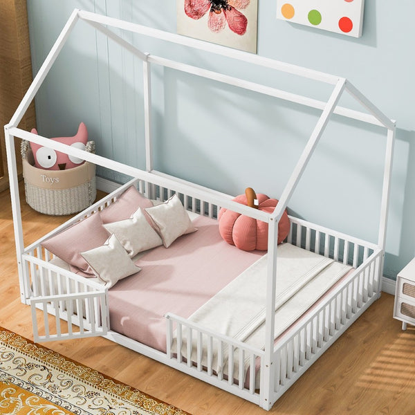 English Elm Full Size White Metal House Bed with Pitched Roof Fence and Door for Kids MF315933AAK