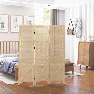 English Elm HOMCOM 3-Panel Wood Room Divider with Floral Louvered Panels, Folding Privacy Screen, 67" Tall Natural W2225P156392