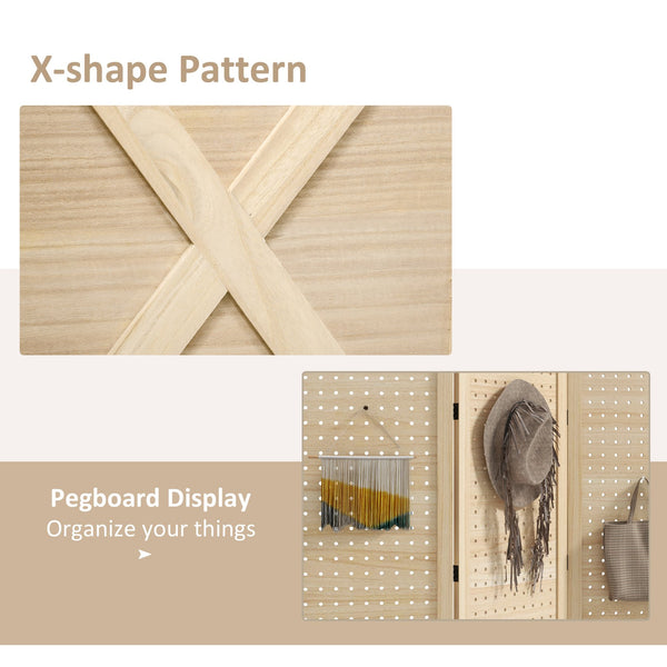 English Elm HOMCOM 3-Panel Wood Room Divider with Floral Louvered Panels, Folding Privacy Screen, 67" Tall Natural W2225P156392