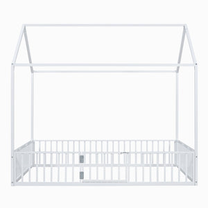 English Elm Full Size White Metal House Bed with Pitched Roof Fence and Door for Kids MF315933AAK