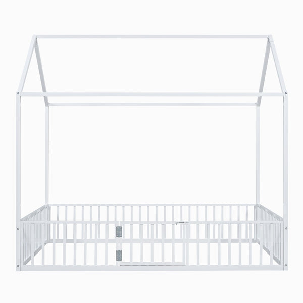English Elm Full Size White Metal House Bed with Pitched Roof Fence and Door for Kids MF315933AAK