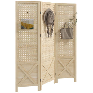 English Elm HOMCOM 3-Panel Wood Room Divider with Floral Louvered Panels, Folding Privacy Screen, 67" Tall Natural W2225P156392