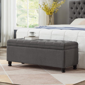English Elm Upholstered Tufted Linen Storage Bench with Spindle Legs for Bedroom Entryway W2186P151307