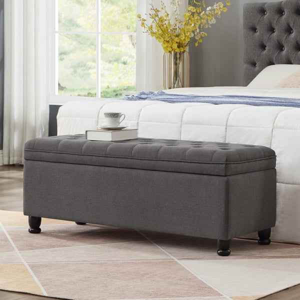 English Elm Upholstered Tufted Linen Storage Bench with Spindle Legs for Bedroom Entryway W2186P151307