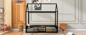 English Elm Twin Metal House Bed with Roof, Fence & Door — Enclosed Playful Twin Frame for Imaginative Kids Sleeps Black MF315932AAB