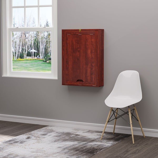 English Elm HOMCOM Fold-Up Wall Desk with Shelves - Space-Saving Floating Computer Table, Adjustable Storage, Mahogany Finish W2225P156393