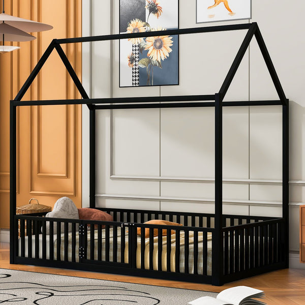 English Elm Twin Metal House Bed with Roof, Fence & Door — Enclosed Playful Twin Frame for Imaginative Kids Sleeps Black MF315932AAB