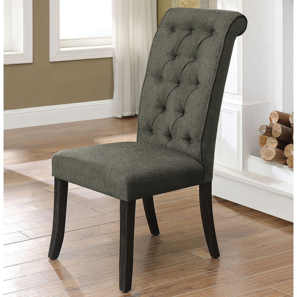 English Elm Set of 2 Upholstered Side Chairs with Tufted Scrolled Back, Antique Black Frame, Gray Seat Comfort B016P156581