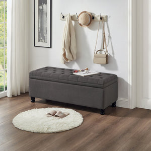 English Elm Upholstered Tufted Linen Storage Bench with Spindle Legs for Bedroom Entryway W2186P151307