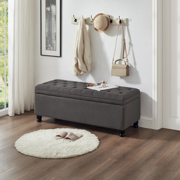 English Elm Upholstered Tufted Linen Storage Bench with Spindle Legs for Bedroom Entryway W2186P151307