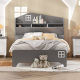 Hearth and Haven Wooden Twin Size House Bed with Storage Headboard , Kids Bed with Storage Shelf, Grey WF311841AAE