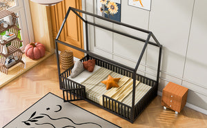 English Elm Twin Metal House Bed with Roof, Fence & Door — Enclosed Playful Twin Frame for Imaginative Kids Sleeps Black MF315932AAB