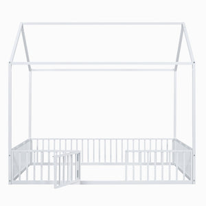 English Elm Full Size White Metal House Bed with Pitched Roof Fence and Door for Kids MF315933AAK