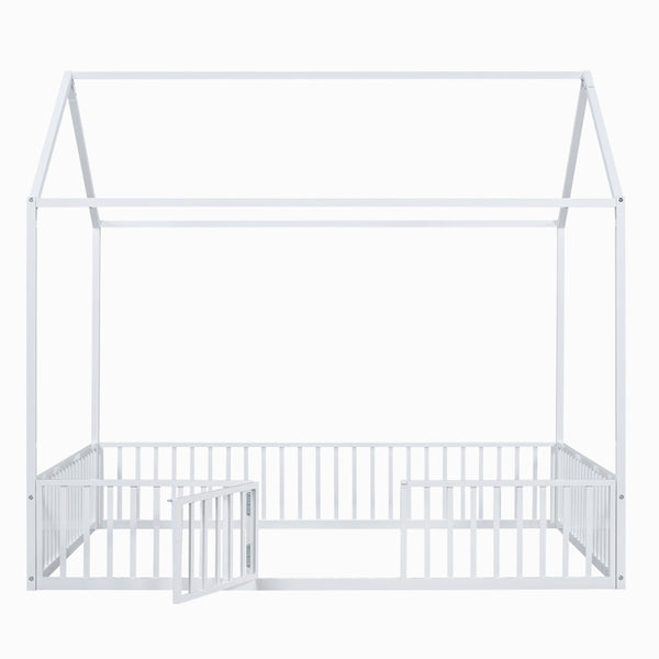 English Elm Full Size White Metal House Bed with Pitched Roof Fence and Door for Kids MF315933AAK