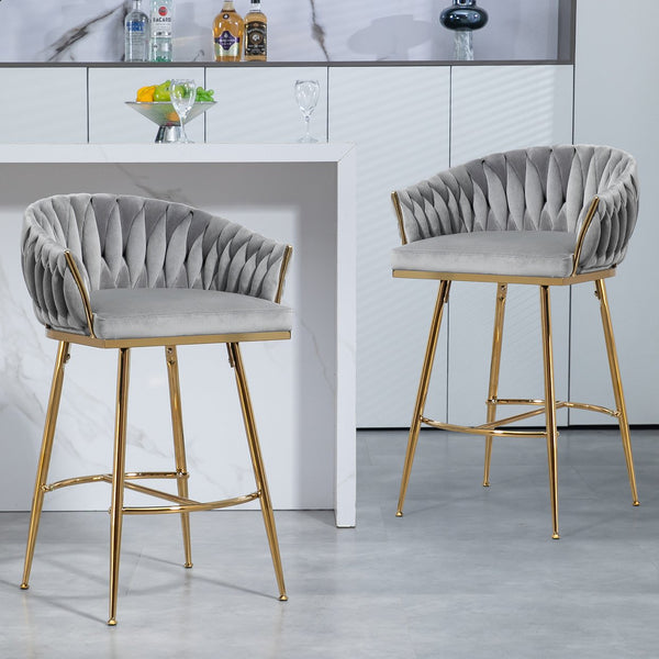 English Elm 26'' Velvet Counter Height Bar Stools Set of 2 with Hand-Wave Back, Gold Chrome Base, Plush Cushion Grey W2215P147901