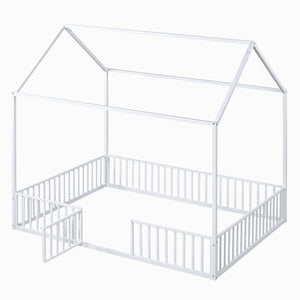 English Elm Full Size White Metal House Bed with Pitched Roof Fence and Door for Kids MF315933AAK