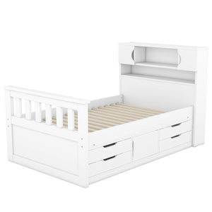 English Elm Twin Captain Platform Bed Frame with Built-In Bookcase, Four Drawers & Slat Support for Storage White GX001828AAK