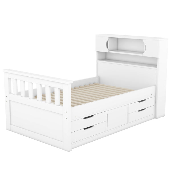 English Elm Twin Captain Platform Bed Frame with Built-In Bookcase, Four Drawers & Slat Support for Storage White GX001828AAK