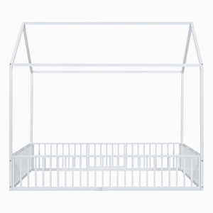 English Elm Full Size White Metal House Bed with Pitched Roof Fence and Door for Kids MF315933AAK