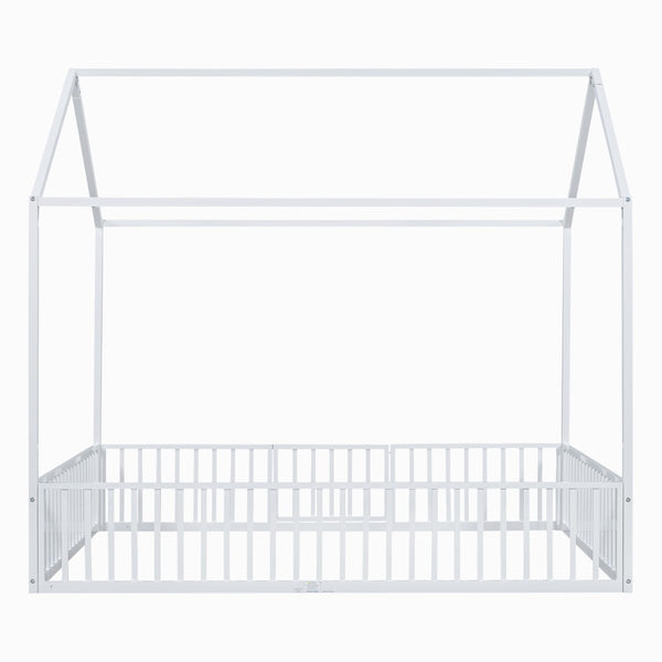 English Elm Full Size White Metal House Bed with Pitched Roof Fence and Door for Kids MF315933AAK