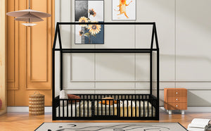 English Elm Twin Metal House Bed with Roof, Fence & Door — Enclosed Playful Twin Frame for Imaginative Kids Sleeps Black MF315932AAB