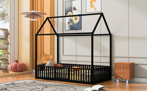 English Elm Twin Metal House Bed with Roof, Fence & Door — Enclosed Playful Twin Frame for Imaginative Kids Sleeps Black MF315932AAB