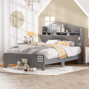 English Elm Wooden Twin Size House Bed With Storage Headboard ,Kids Bed With Storage Shelf,Grey