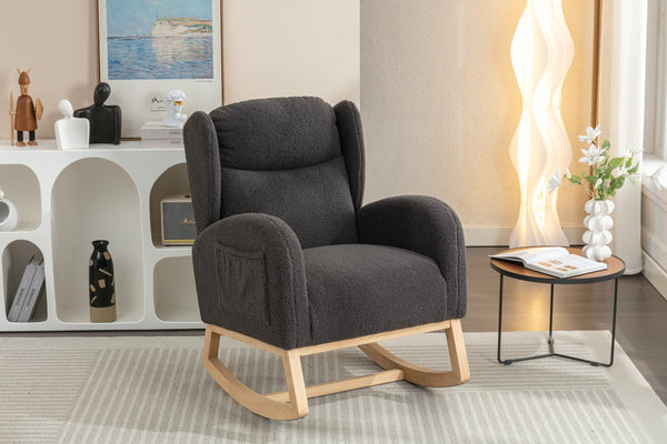 English Elm 049-teddy Plush Wingback Rocking Chair Solid Wood Base Nursery and Living Room Comfort Dark Gray W527P147433