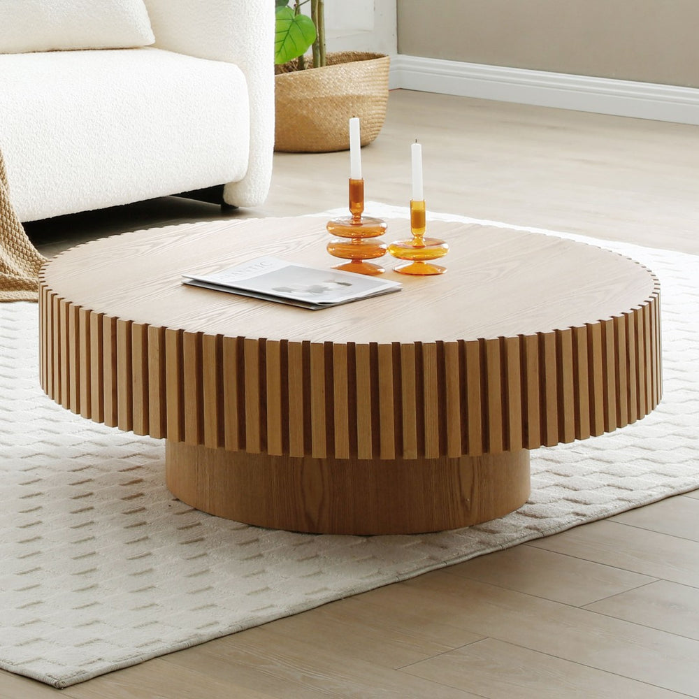 English Elm 35.43'' Round Mdf Pedestal Coffee Table Fluted Sculptural Base for Modern Living Rooms Natural Ash W876P353899