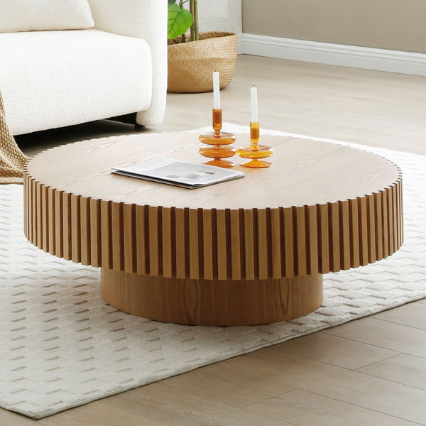 English Elm 35.43'' Round Mdf Pedestal Coffee Table Fluted Sculptural Base for Modern Living Rooms Natural Ash W876P353899