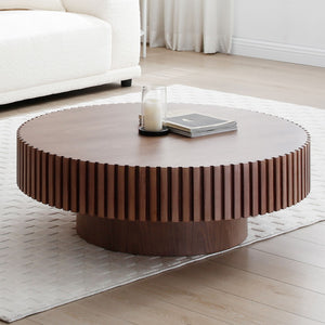English Elm Natural Ash Tone Round Drum Coffee Table Handcrafted Relief Mdf for Living Room W876P188697