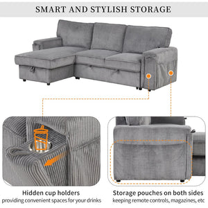 English Elm U_style Sleeper Sectional Sofa with Fold Out Twin Bed Cup Holders and Armrest Pockets Gray WY000372AAE