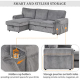 English Elm Upholstery Sleeper Sectional Sofa With Storage Bags and 2 Cup Holders On Arms