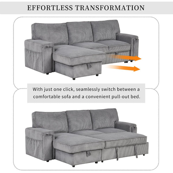 English Elm U_style Sleeper Sectional Sofa with Fold Out Twin Bed Cup Holders and Armrest Pockets Gray WY000372AAE