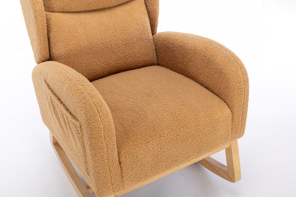 English Elm 049-teddy Plush Wingback Rocking Chair Solid Wood Base Nursery and Living Room Comfort Khaki W527P147435