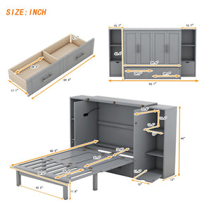 English Elm Queen Wall Bed with Usb Charging Shelves and Drawers for Studio or Guest Room Gray LP000568AAE
