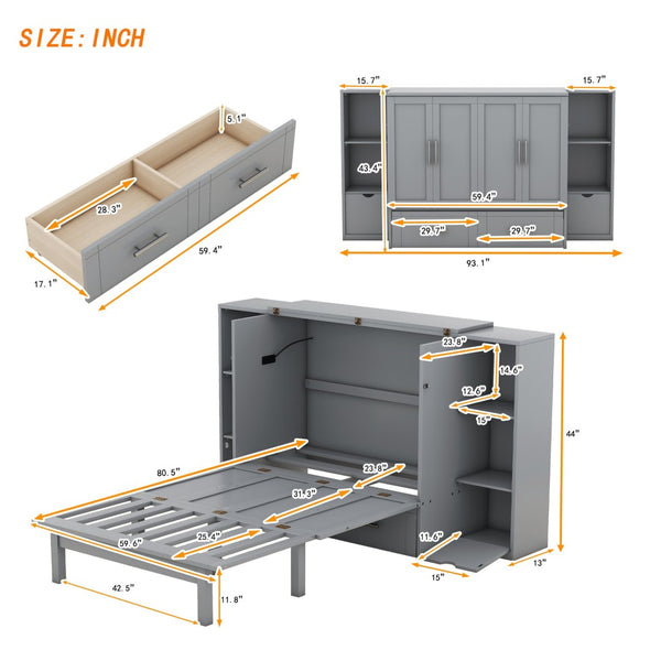 English Elm Queen Wall Bed with Usb Charging Shelves and Drawers for Studio or Guest Room Gray LP000568AAE