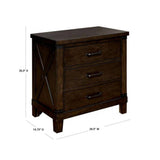 English Elm Rustic Style Dark Walnut Finish 1 Piece Nightstand Bedroom Furniture Solid Wood 3-Drawers Bedside Table Black Bar Pulls