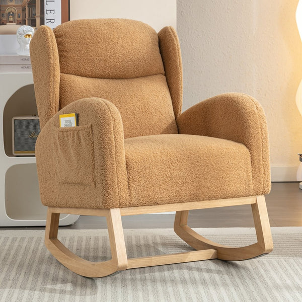 English Elm 049-teddy Plush Wingback Rocking Chair Solid Wood Base Nursery and Living Room Comfort Khaki W527P147435