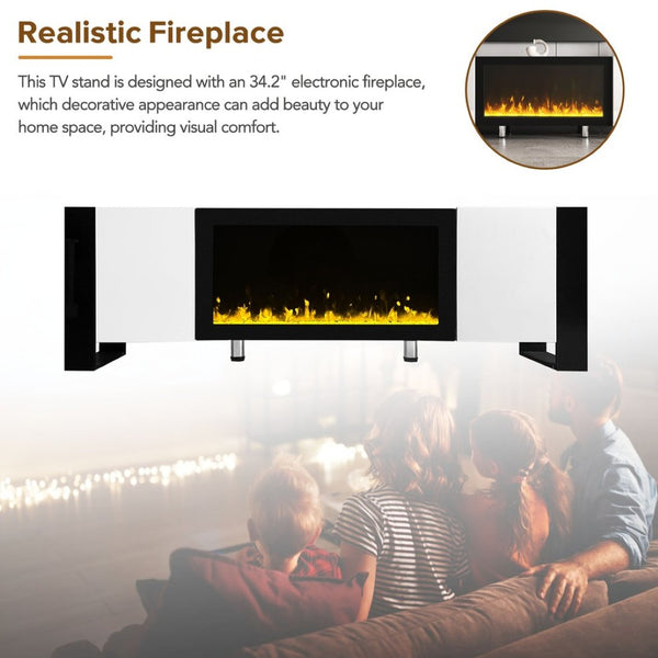 English Elm On-trend Gloss Media Console with Built-in Electric Fireplace for Living Rooms White SD000029AAK
