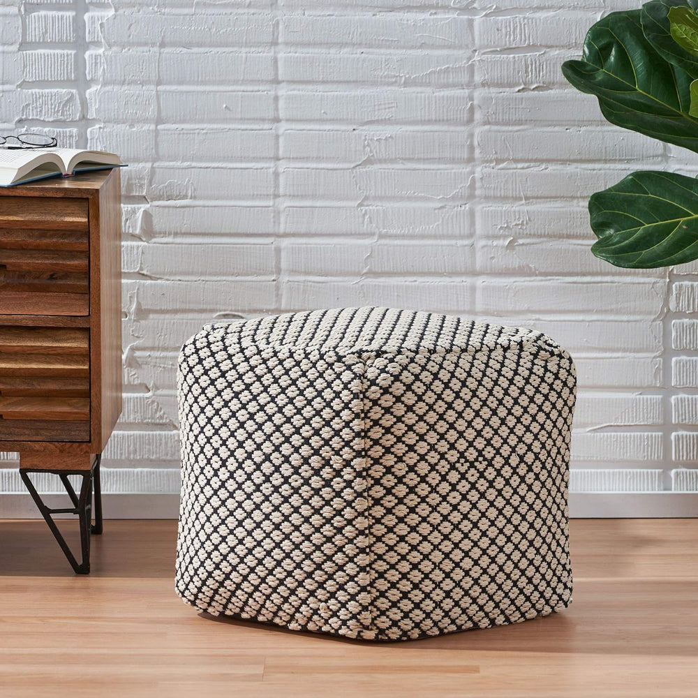 English Elm Christopher Knight Home® - WOVEN Cotton Pouf Black+Natural Handwoven Boho Cube 18" Breathable Cotton Cover Removable Zippered 68220.00