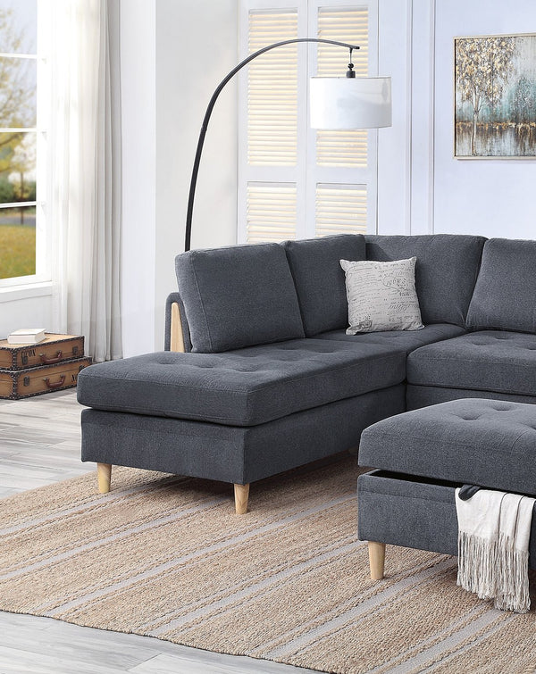 English Elm 3-PCS Reversible Sectional Sofa Set with Tufted Chenille, Storage Ottoman & Accent Pillows, Modern Design Charcoal 35 L x 16 W x 77 H B011S00720