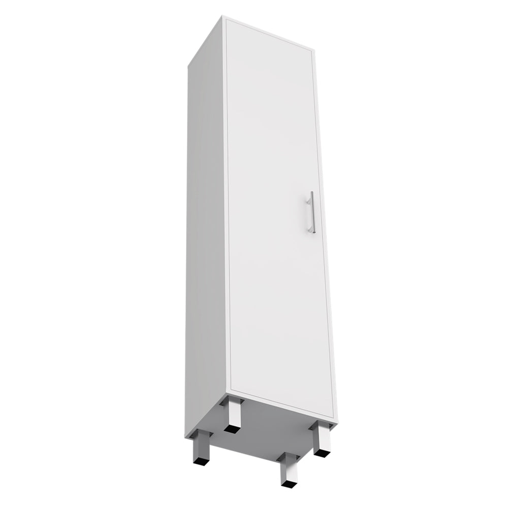 English Elm Storage Cabinet with Four Interior Shelves, Three Broom Hangers, Metal Legs for Organized Storage White 69.68 L x 20.07 W x 3.54 H B097133240